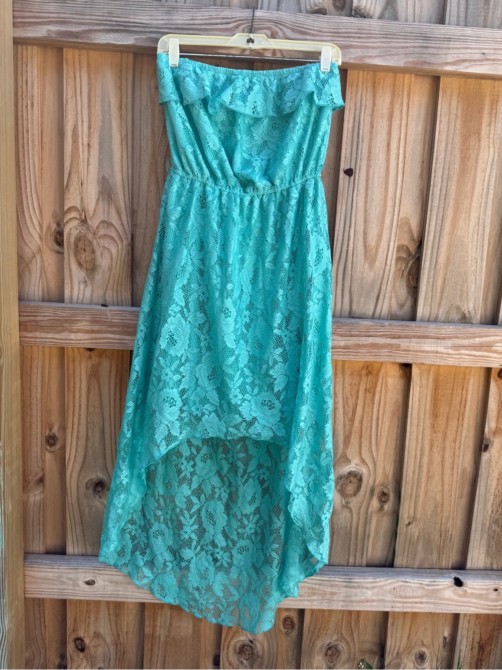 Trixxi Strapless Teal Lace High-Low Dress